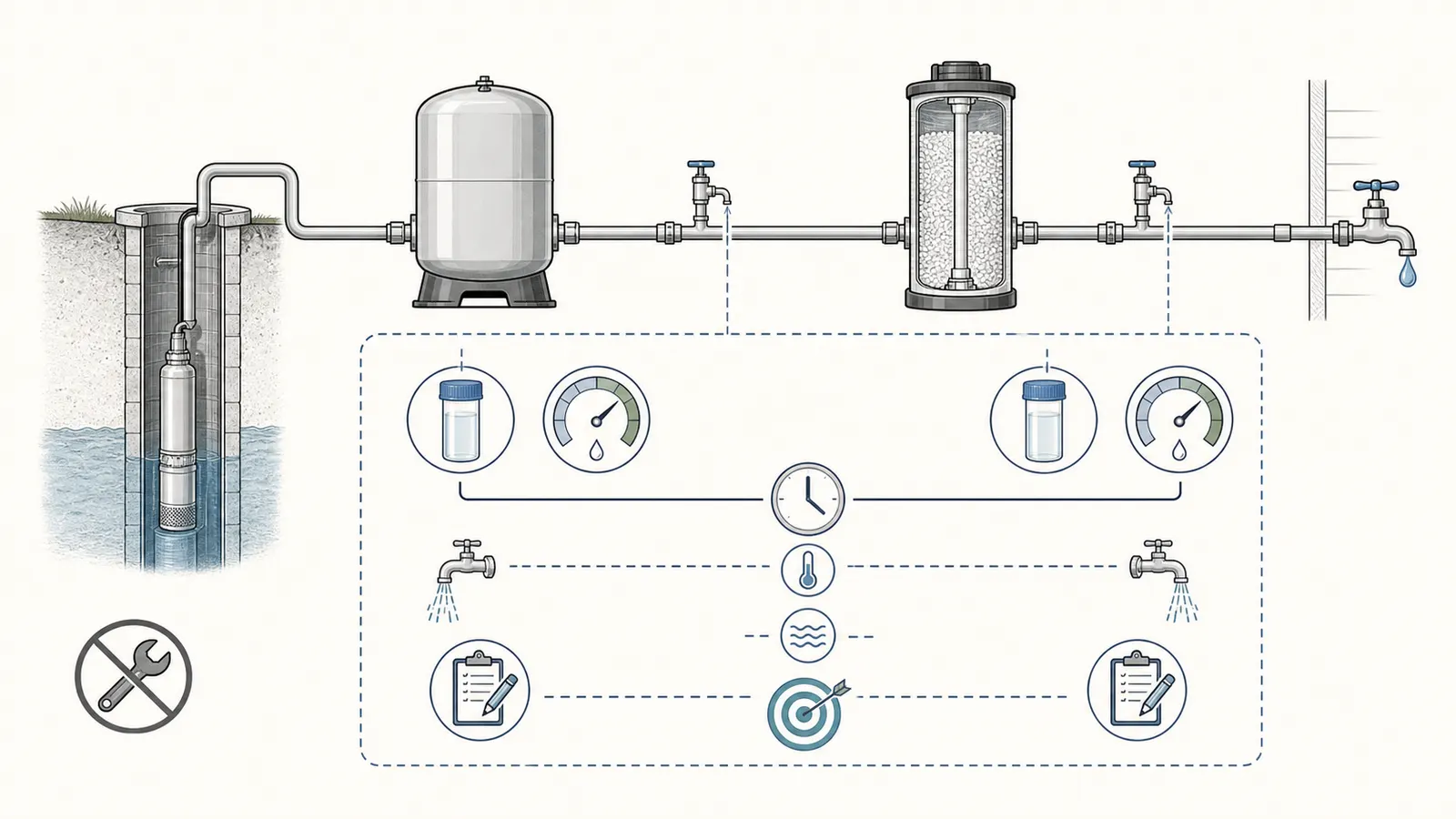 Water path from well pump through pressure tank and switch to a dripping faucet