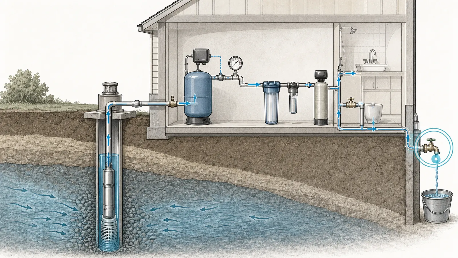 Water path from well and pump through pressure tank and plumbing to the measured hose bib