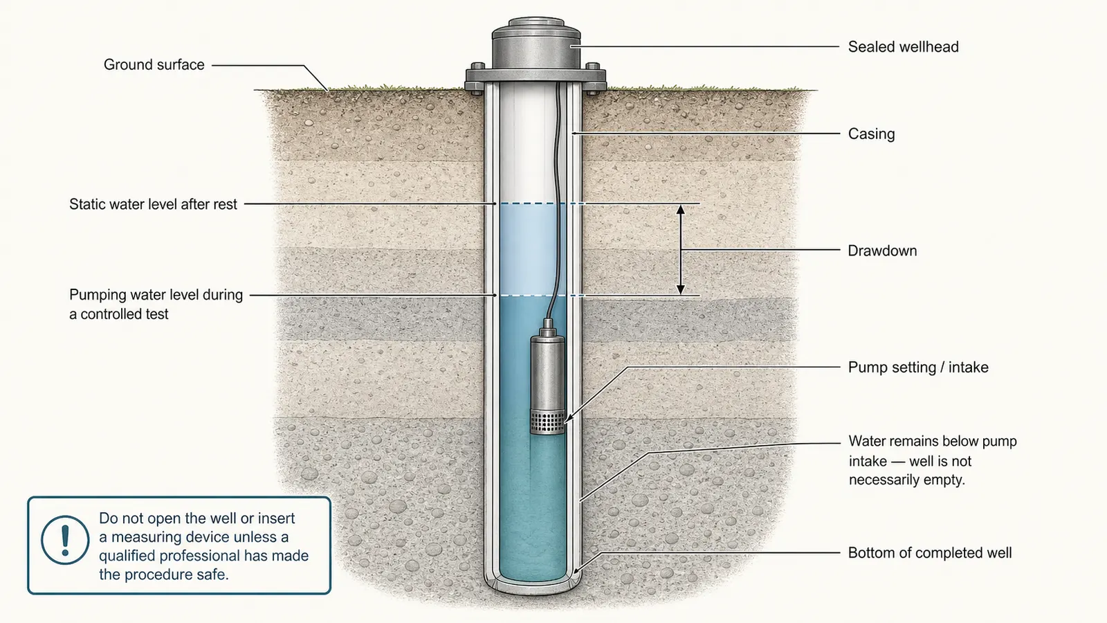 Well cutaway showing static water level, pumping level, drawdown, pump intake, and well bottom
