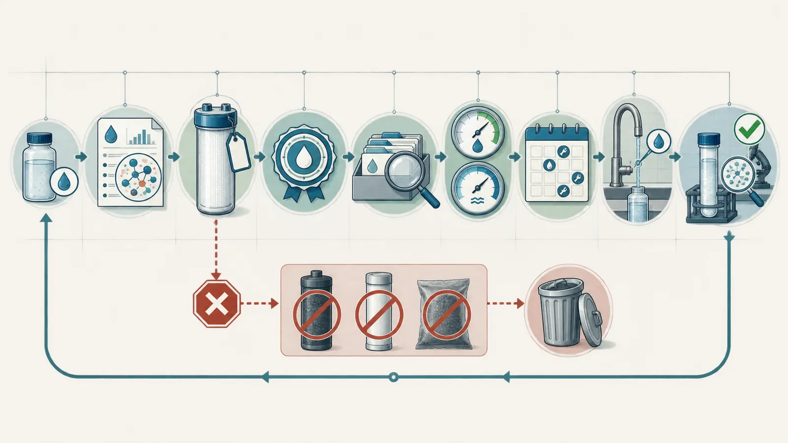 Filter verification flow from named PFAS compound to certification listing and post-install test