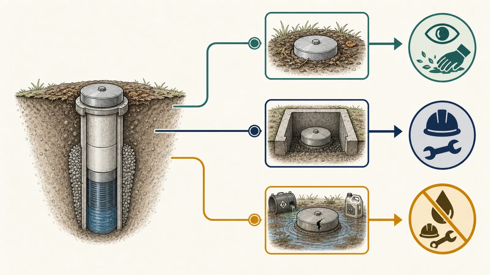 Decision map separating a mulch-obscured cap, a below-grade casing, and a flooded or damaged wellhead