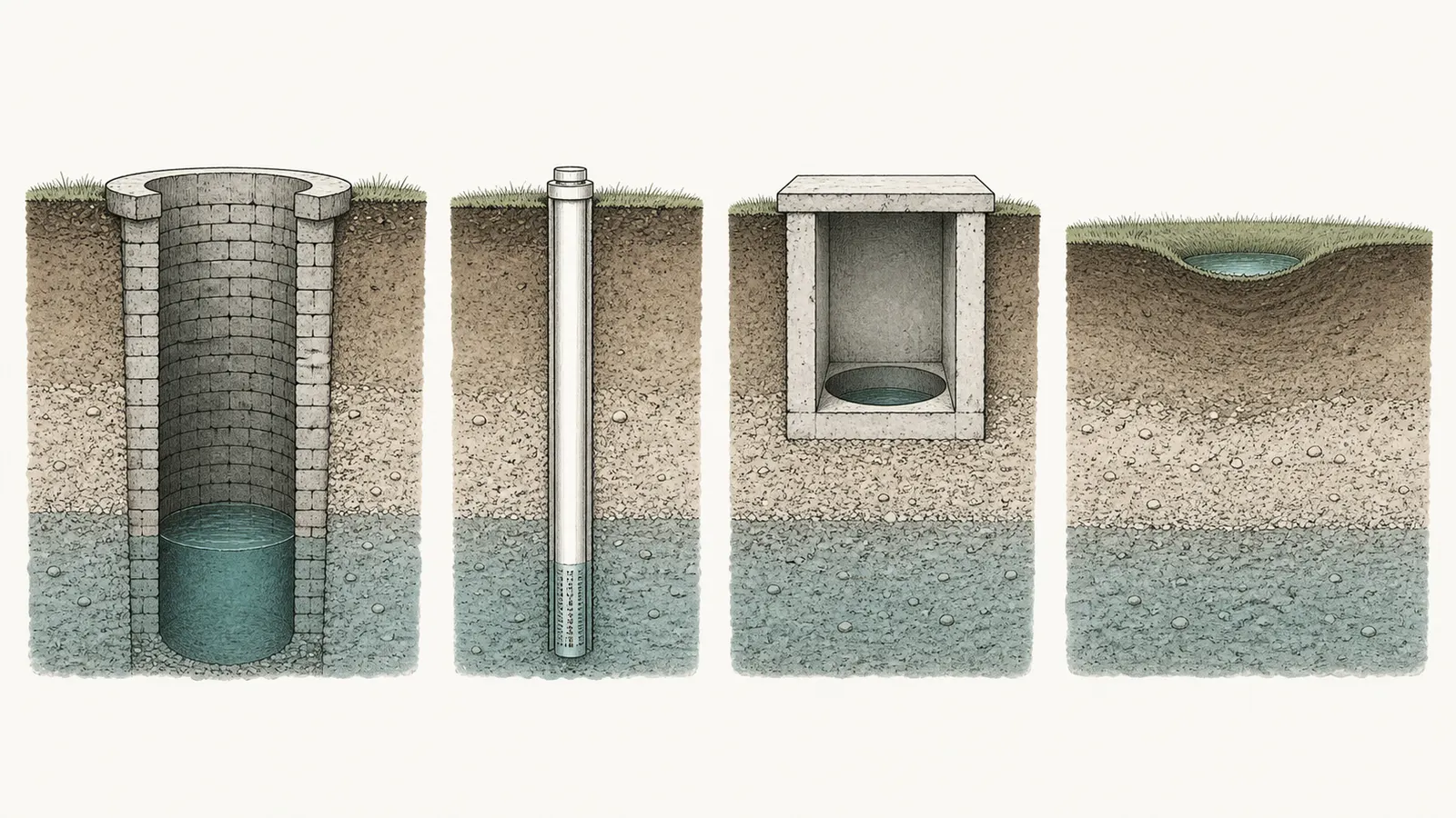 Cutaway comparison of a dug well, drilled casing, vault, and surface depression