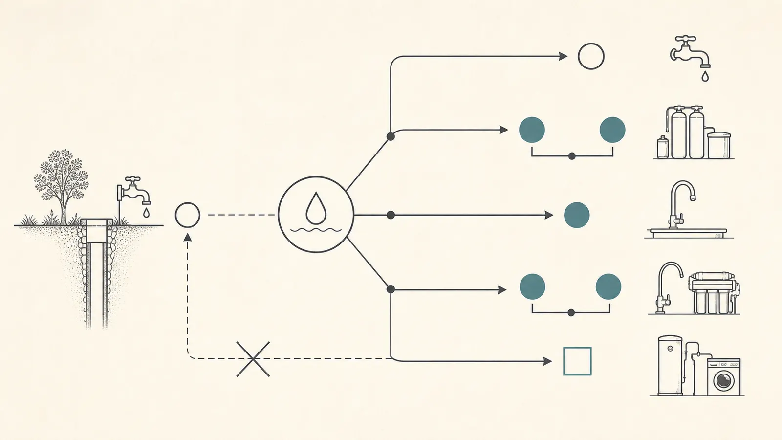 Decision map routing a homeowner’s question to a wellhead, untreated, treated, RO, or paired sample.