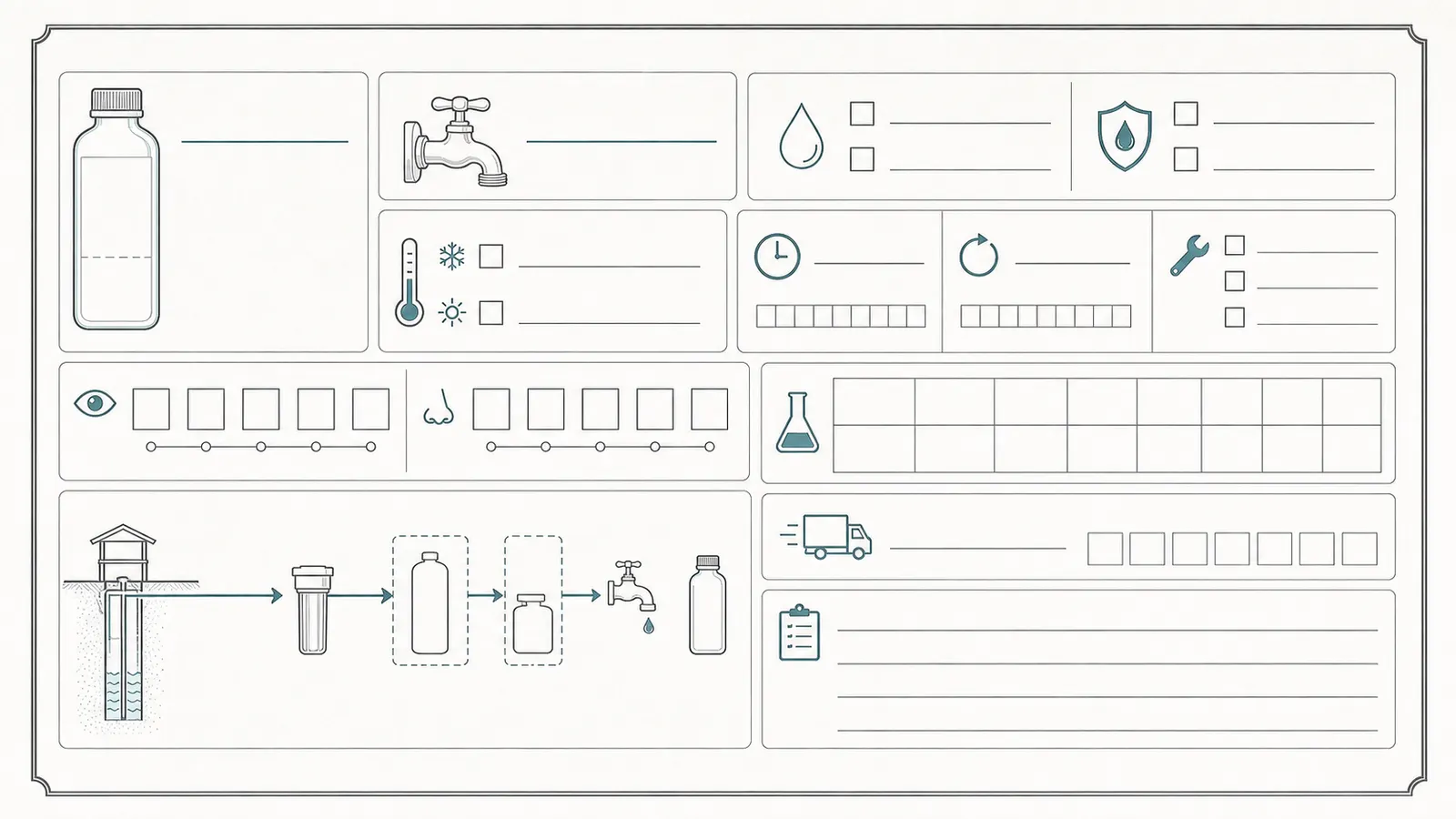 Reusable sample record showing bottle ID, tap, raw or treated status, date, time, flush, and treatment state.