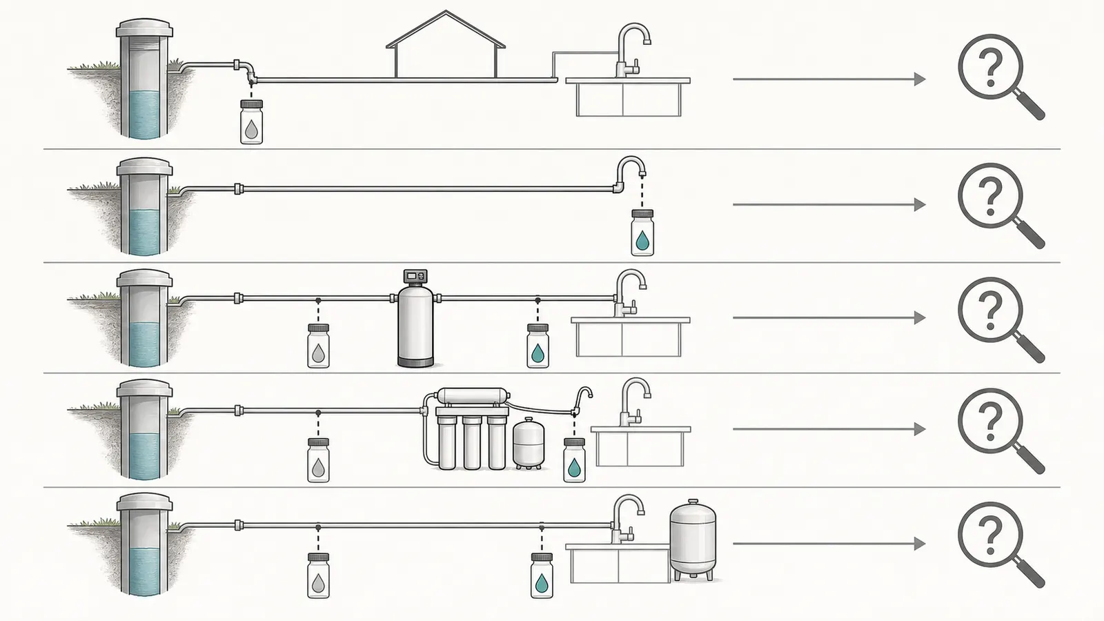 Comparison table of source baseline, drinking exposure, treatment verification, RO, and plumbing questions.