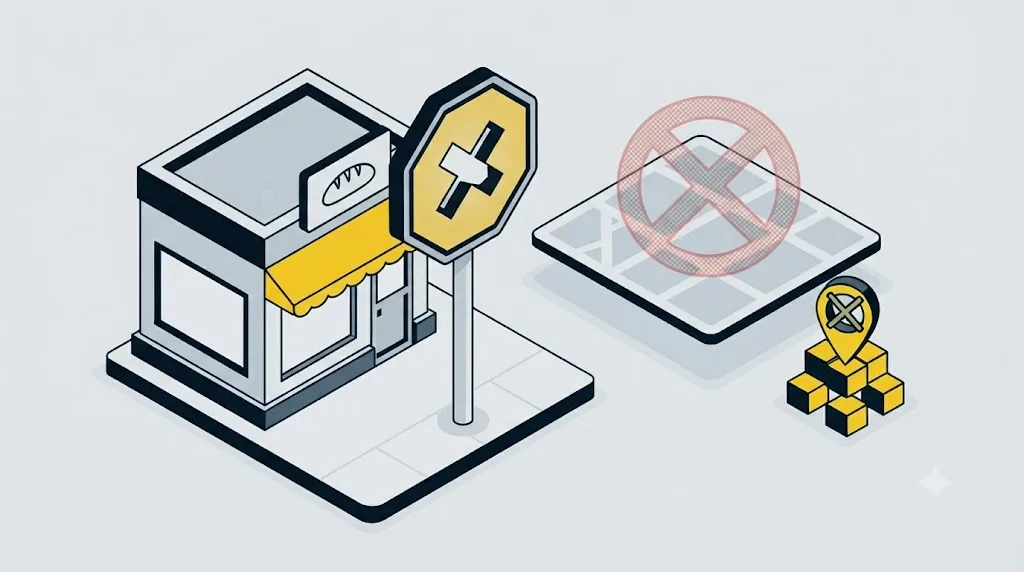 Ilustrație cu un semn de stop lângă un magazin mic, sugerând că nu orice afacere are nevoie de optimizare pentru AI search