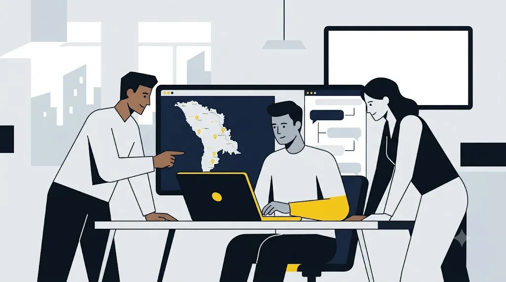 Ilustrație cu o echipă care optimizează conținut pentru răspunsuri AI, cu harta Moldovei în fundal