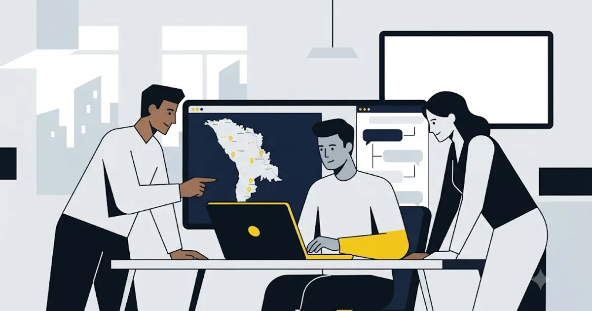 Ilustrație cu harta Moldovei și un ecran de chat AI care citează o afacere locală