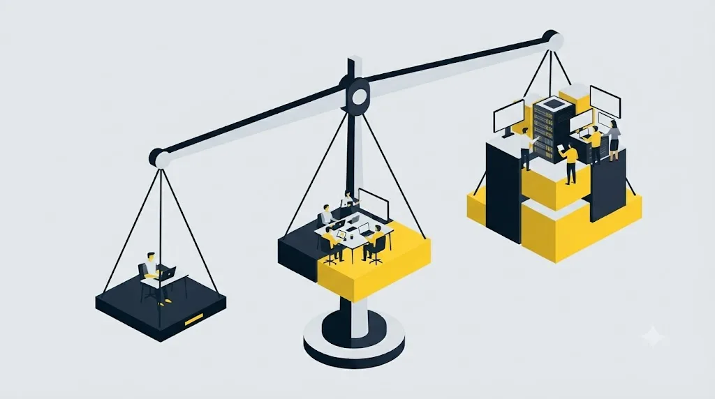 Ilustrație cu o balanță care compară un freelancer și diferite tipuri de agenții pentru AI search