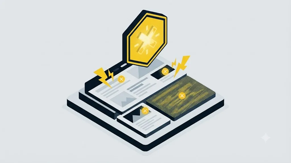 Ilustrație cu un semn de avertizare deasupra unui conținut web cu greșeli marcate