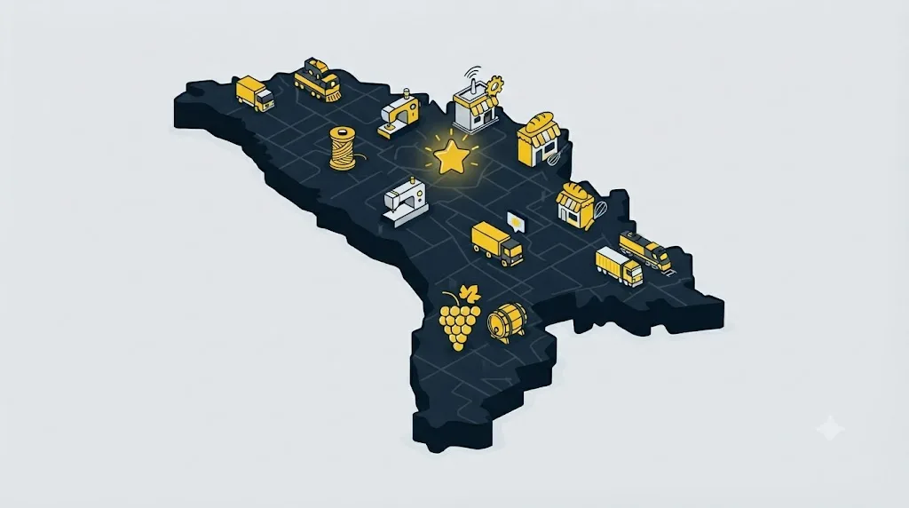 Ilustrație cu o hartă a Moldovei și pictograme pentru diferite tipuri de afaceri locale