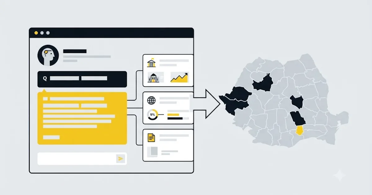 Ilustrație cu un ecran de asistent AI care citează o sursă într-un răspuns generat, deasupra unei hărți a României