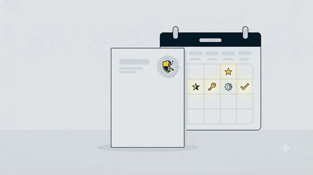 Ilustrație cu un document legal și un calendar care arată datele cheie ale reglementării europene privind inteligența artificială