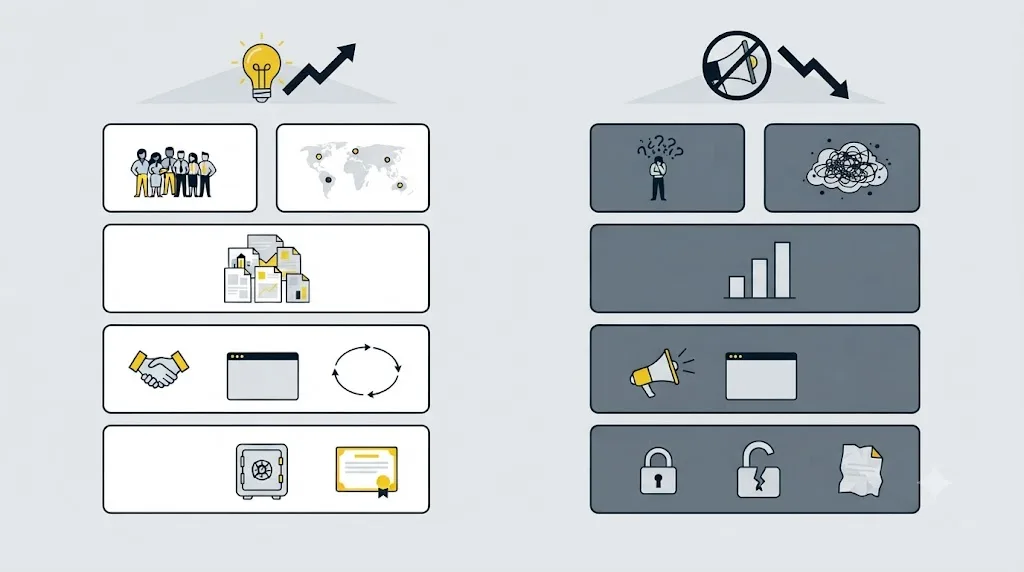 Ilustrație cu o listă de verificare pentru a recunoaște o agenție serioasă de optimizare pentru AI search