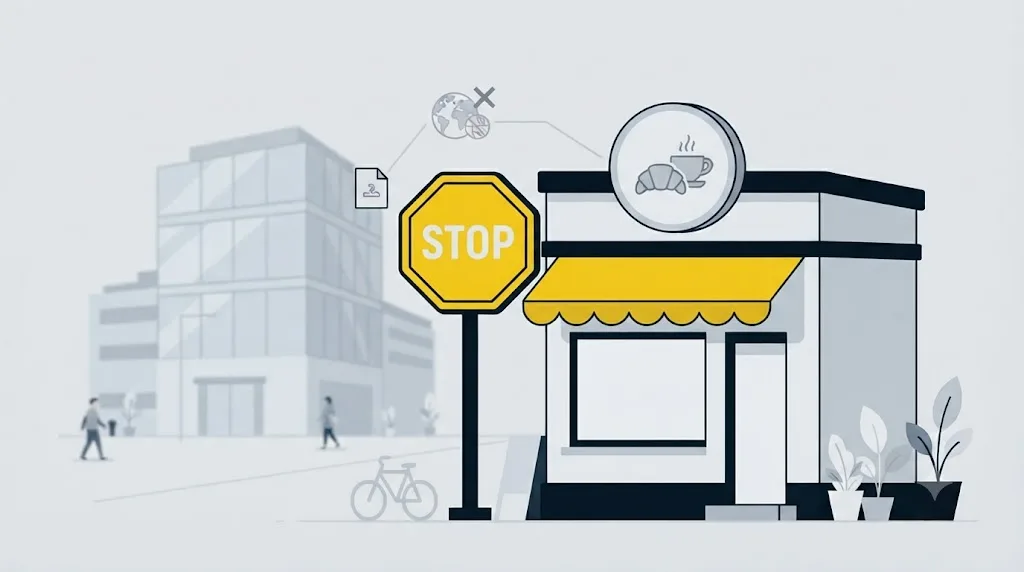 Ilustrație cu un semn de stop lângă un magazin mic local din București