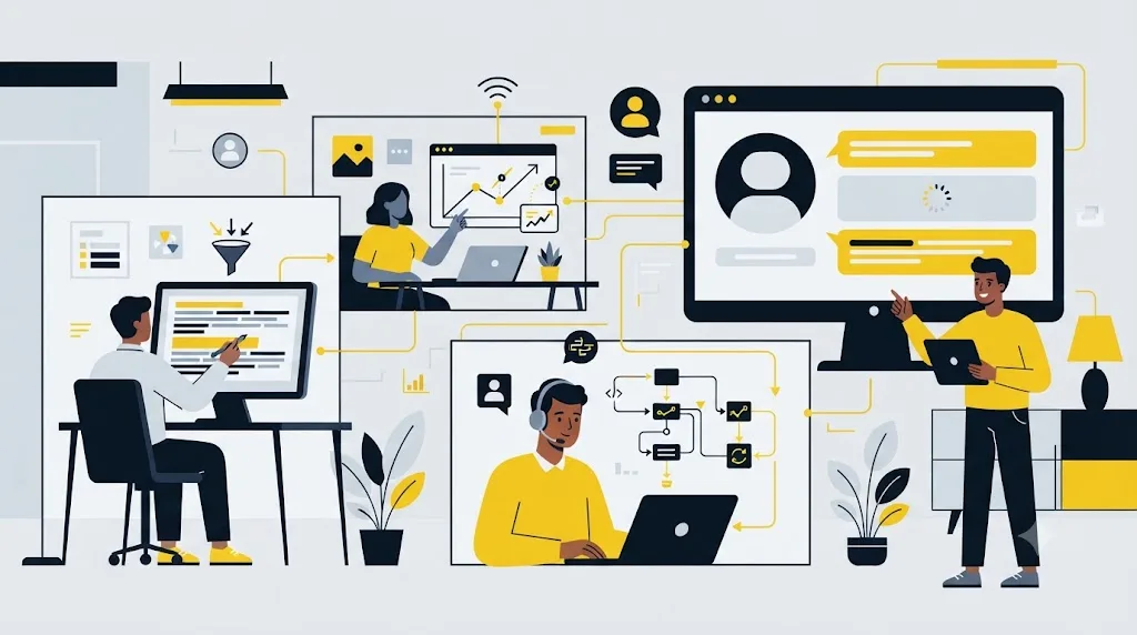 Ilustrație cu o echipă remote care optimizează conținut pentru motoare AI