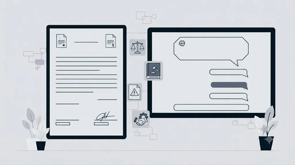 Ilustrație cu un document legal lângă un ecran de chat AI