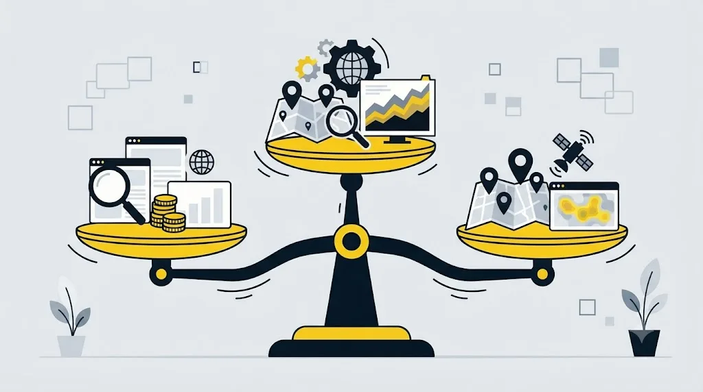 Ilustrație cu o balanță care compară SEO clasic, GEO și abordarea combinată