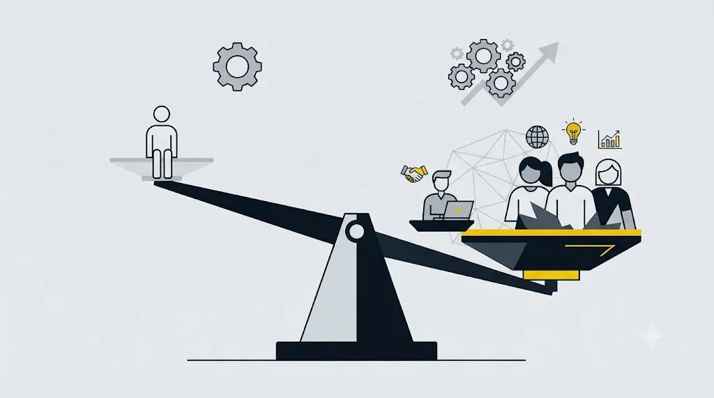 Ilustrație cu o balanță care compară munca individuală, un freelancer și o echipă de agenție pentru optimizare GEO
