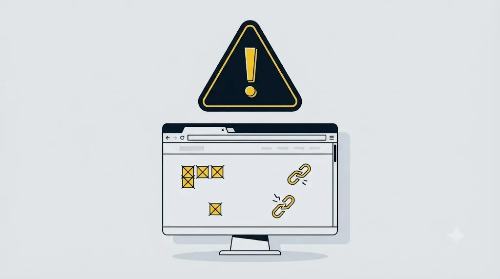 Ilustrație cu un semn de avertizare deasupra unui site web cu erori de optimizare marcate
