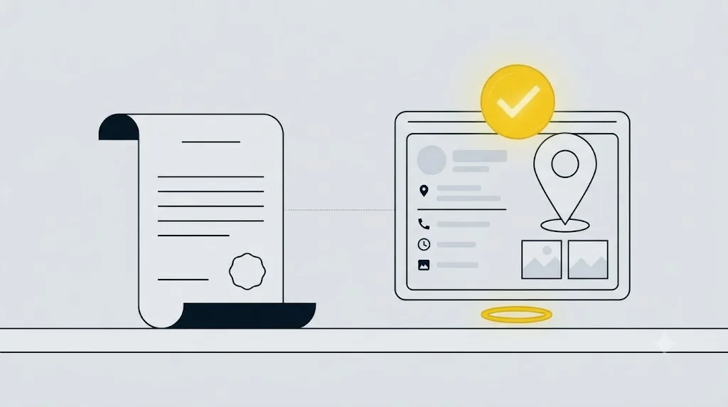 Ilustrație cu un document legal și un profil Google Business marcat ca fiind activ