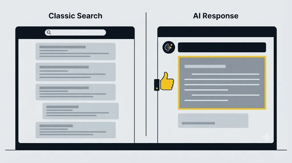 Ilustrație cu o comparație între rezultatele clasice Google și un răspuns generat de AI