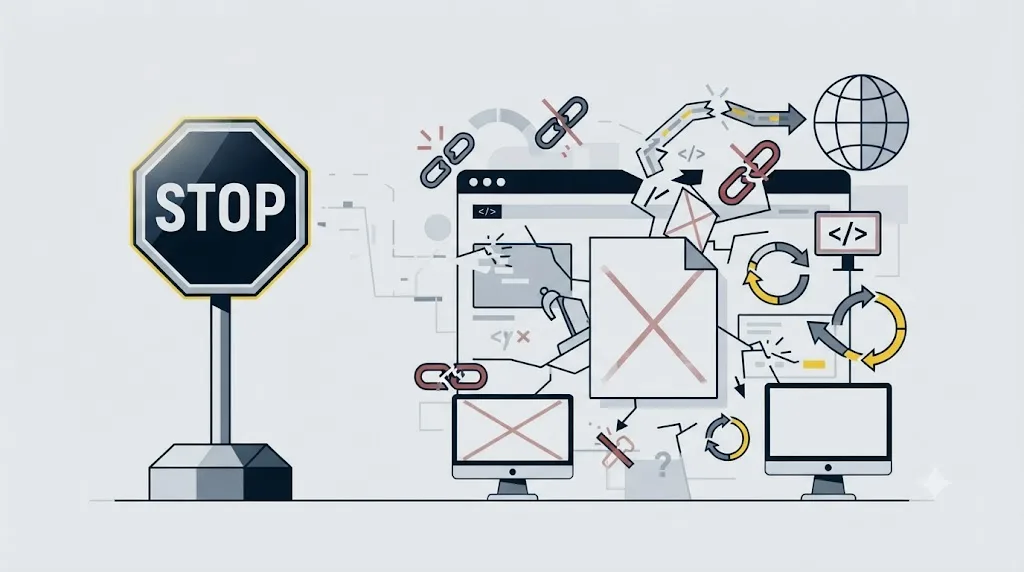 Ilustrație cu un semn de stop lângă un site web cu probleme tehnice, sugerând că nu orice afacere are nevoie de GEO acum