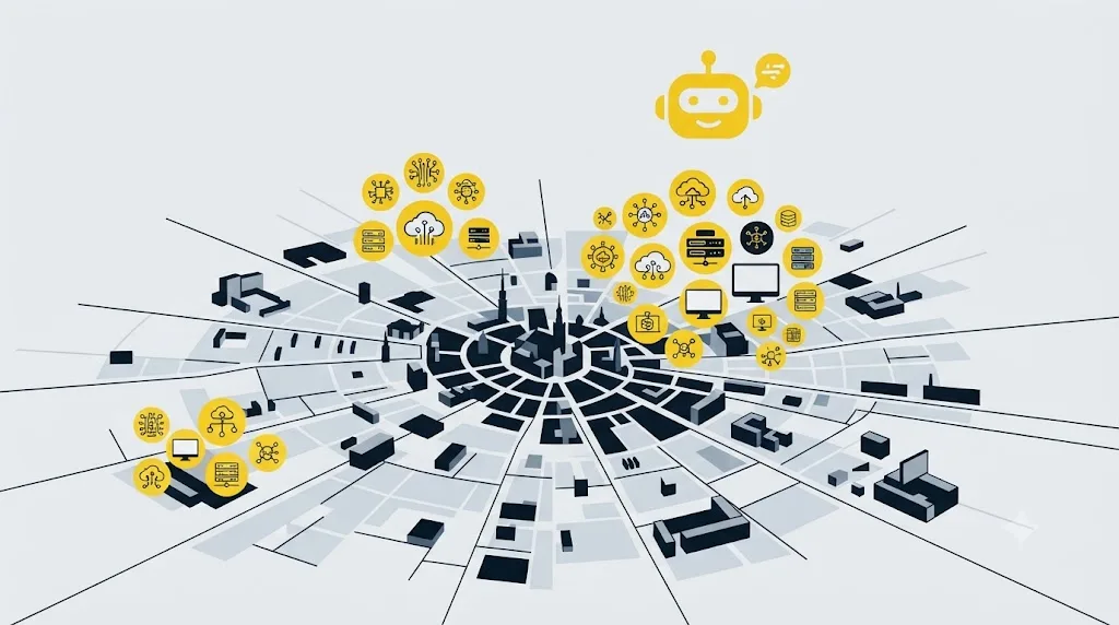 Ilustrație cu harta orașului Cluj-Napoca și pictograme pentru companii de tehnologie și inteligență artificială