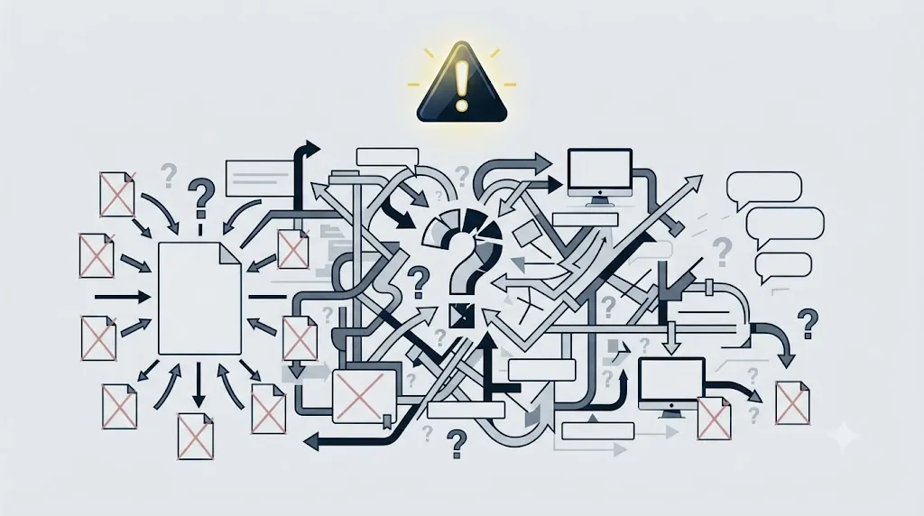 Ilustrație cu un semn de avertizare deasupra unui articol cu structură confuză, nepotrivită pentru citare AI