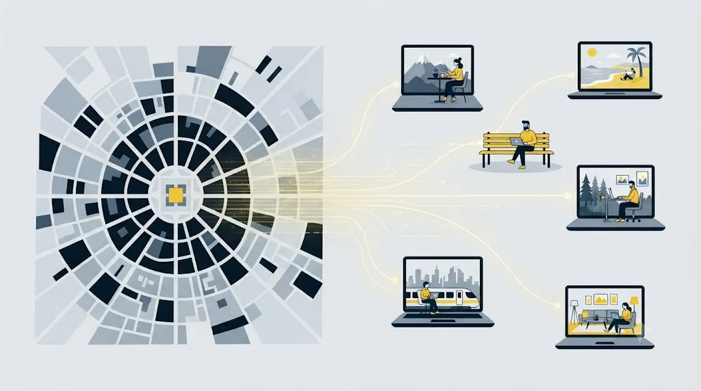 Ilustrație cu harta orașului Cluj-Napoca conectată prin linii digitale la o echipă care lucrează remote