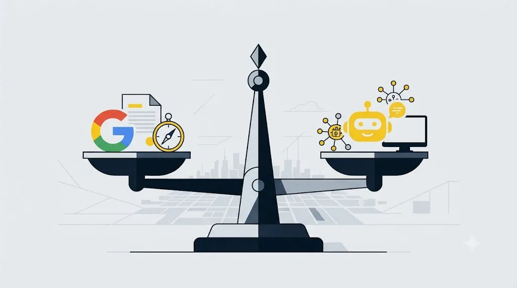 Ilustrație cu o balanță care compară optimizarea SEO clasică și optimizarea GEO pentru motoare generative