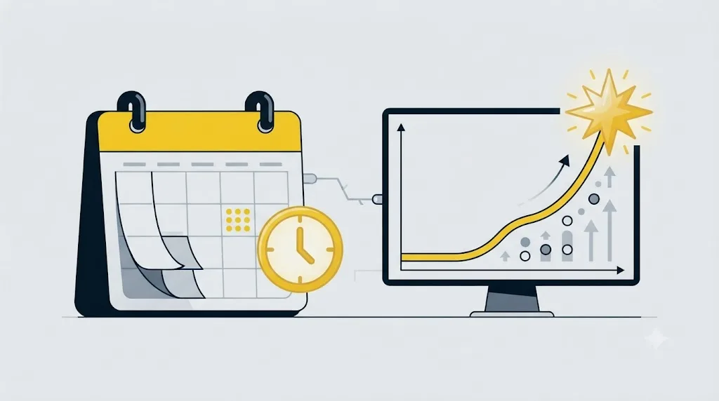 Ilustrație cu un calendar și un grafic de creștere care arată durata tipică a rezultatelor de optimizare GEO