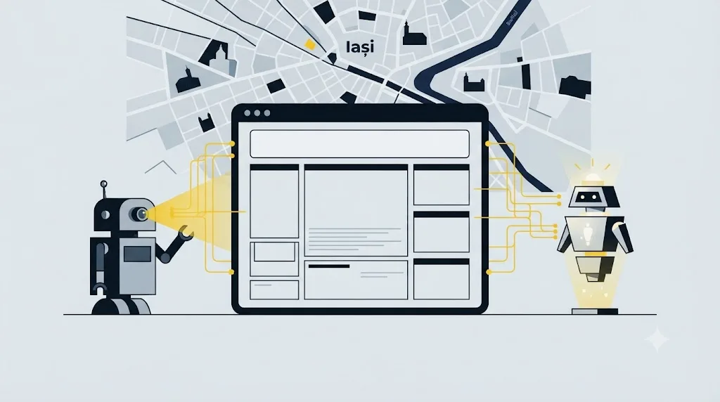 Ilustrație cu o pagină de site optimizată citită atât de Google, cât și de un asistent AI, cu harta Iașiului în fundal