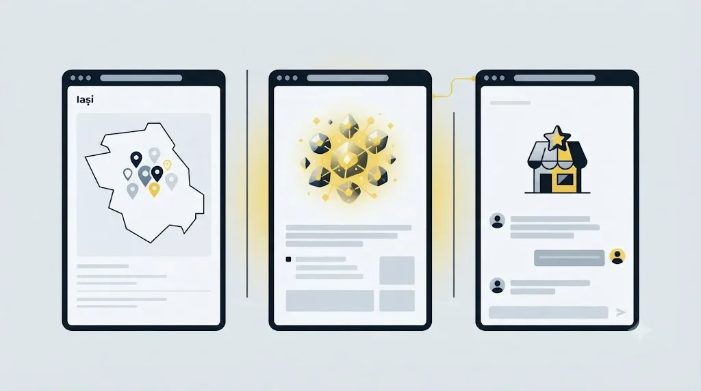 Ilustrație cu trei ecrane comparate, rezultate Google Maps, AI Overviews și un răspuns ChatGPT despre o afacere din Iași