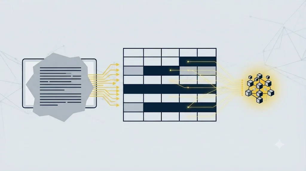 Ilustrație cu un paragraf de text transformat într-un tabel structurat, citit de un model AI