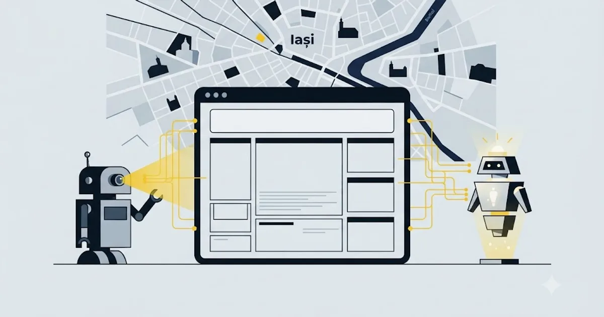 Ilustrație cu Palatul Culturii din Iași și un ecran de chat AI care citează o sursă locală