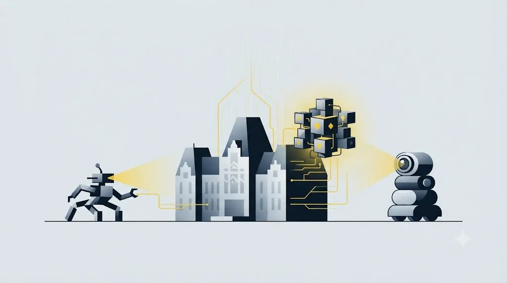 Ilustrație cu trei roboți de indexare care citesc un site local din Iași, simbolizând crawlerele AI