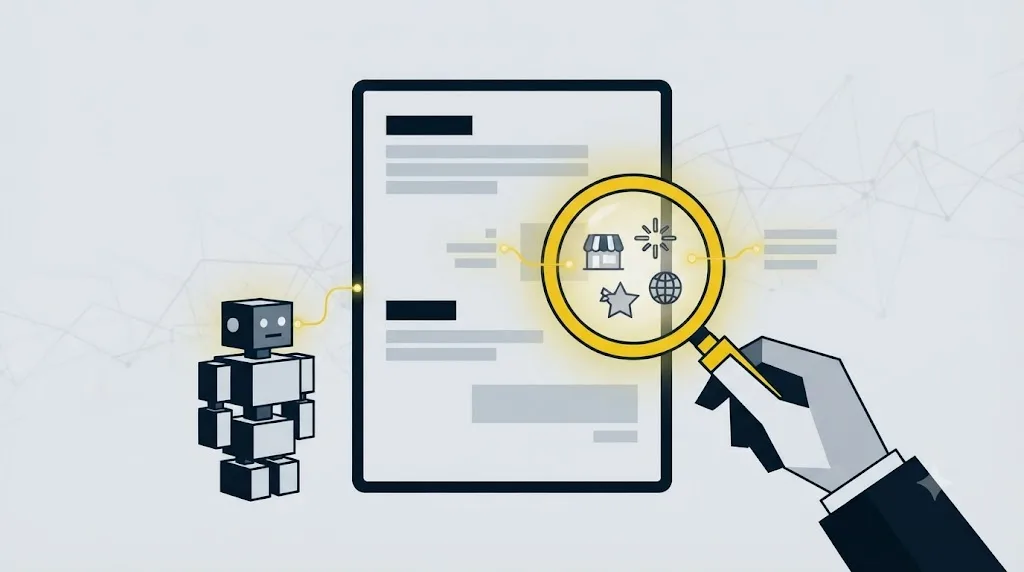 Ilustrație cu o lupă care verifică un răspuns generat de AI pentru mențiuni de brand dintr-o afacere din Iași