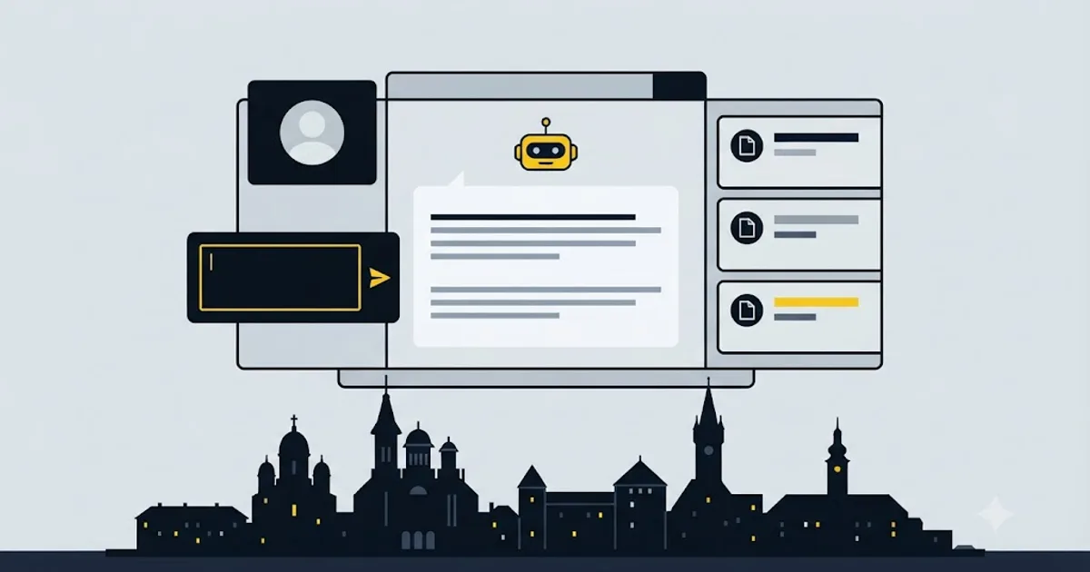 Ilustrație cu orizontul Timișoarei și pictograme de conversație AI deasupra clădirilor istorice