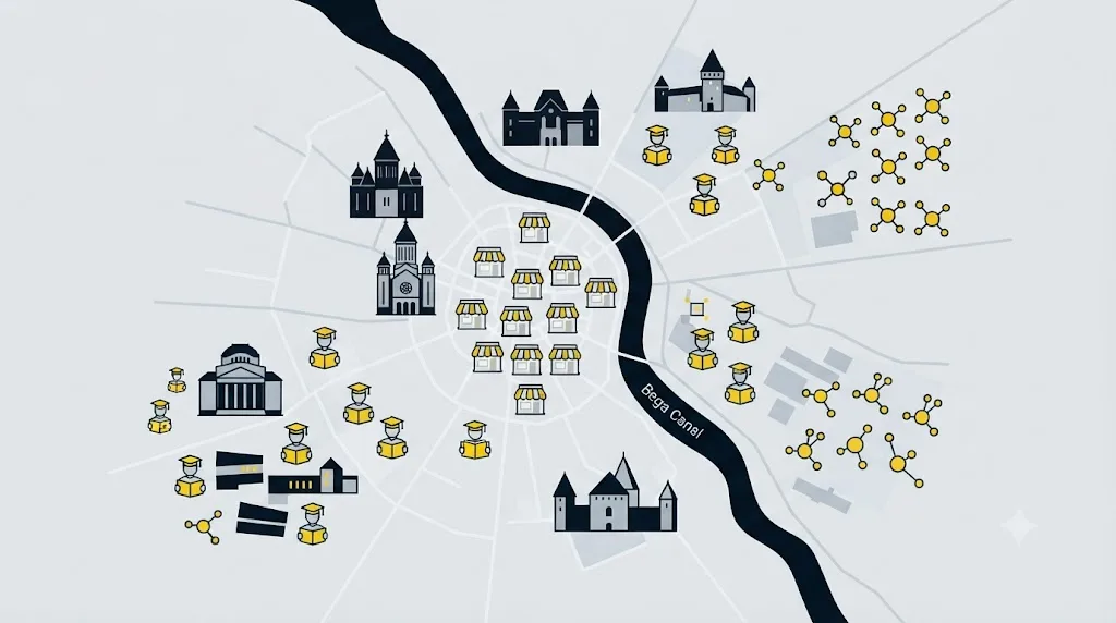 Ilustrație cu harta Timișoarei și pictograme pentru afaceri locale și tineri utilizatori de AI