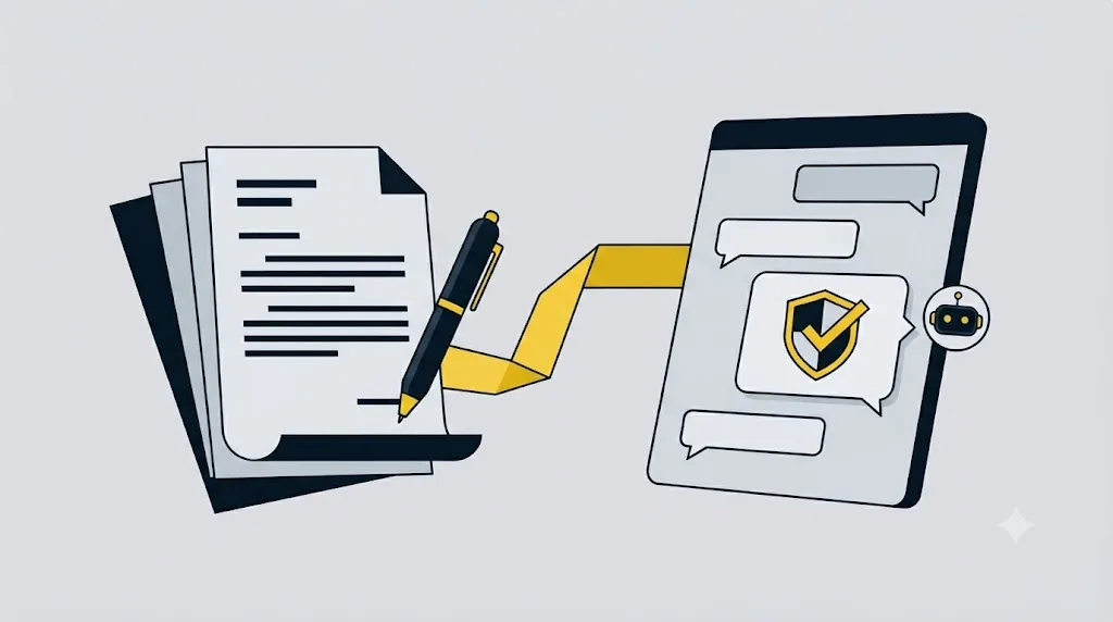 Ilustrație cu un document legal lângă un ecran de chat AI marcat ca fiind verificat