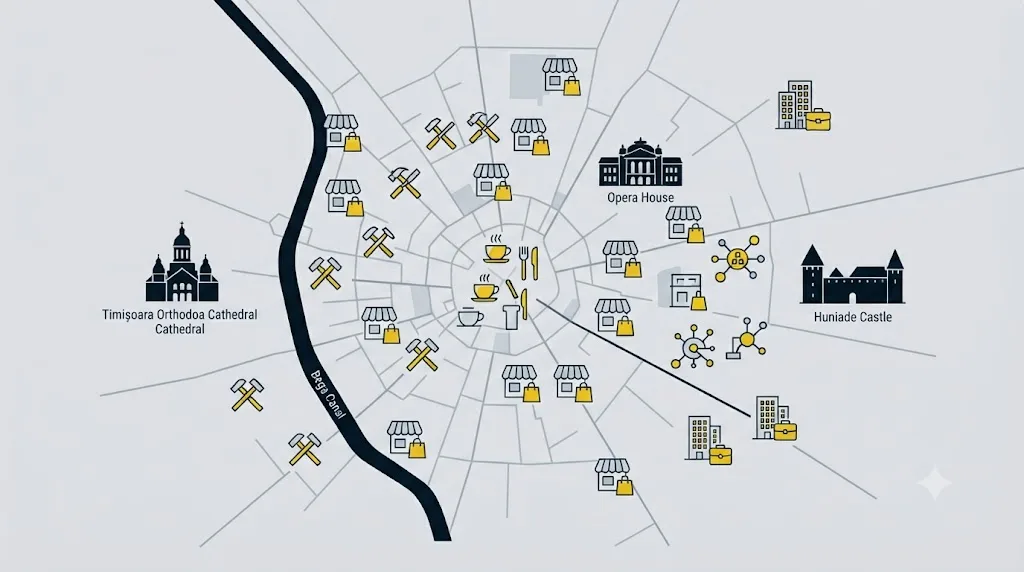 Ilustrație cu o hartă simplificată a Timișoarei și pictograme pentru diferite tipuri de afaceri locale