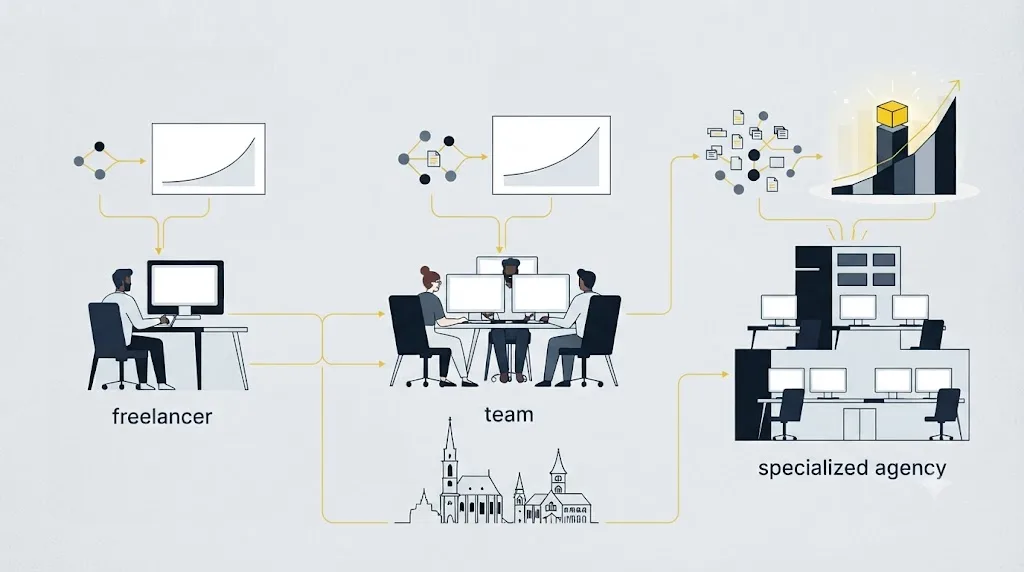 Ilustrație cu trei niveluri de preț pentru servicii SEO în Cluj-Napoca, de la freelancer la agenție specializată