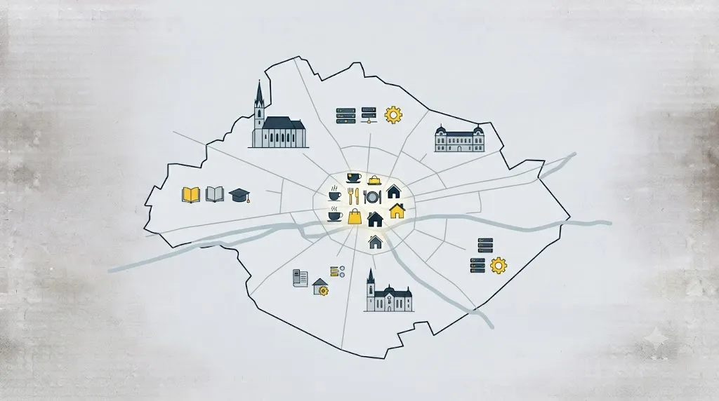 Ilustrație cu o hartă a Cluj-Napoca și pictograme pentru diferite tipuri de afaceri locale