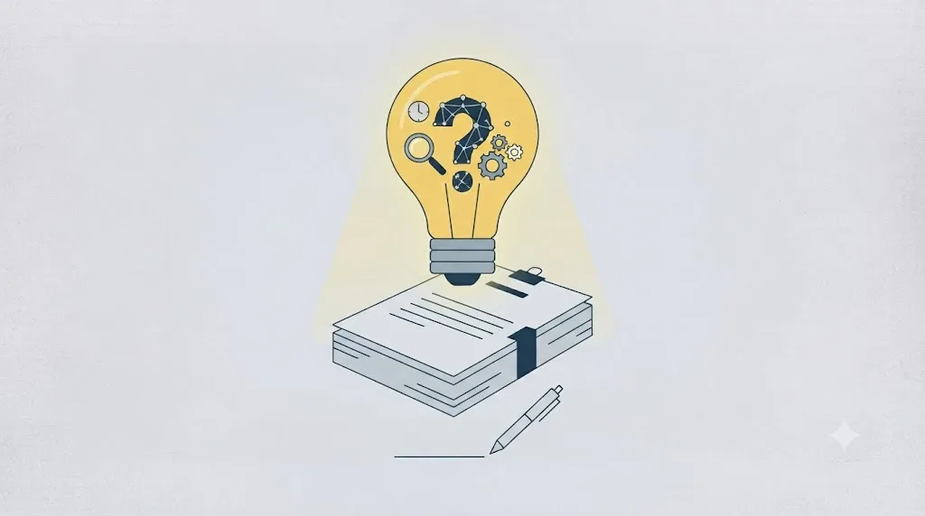 Ilustrație cu un contract și un bec aprins deasupra, simbolizând întrebările de pus unei agenții SEO din Cluj-Napoca