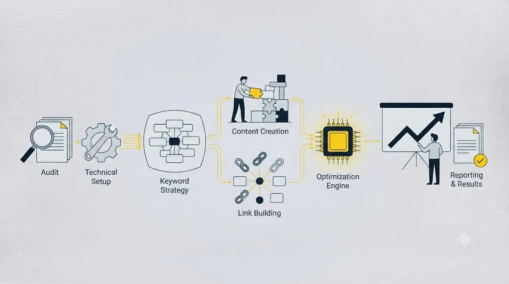 Ilustrație cu o schemă de flux care arată pașii unui proces SEO complet pentru o afacere din Cluj-Napoca