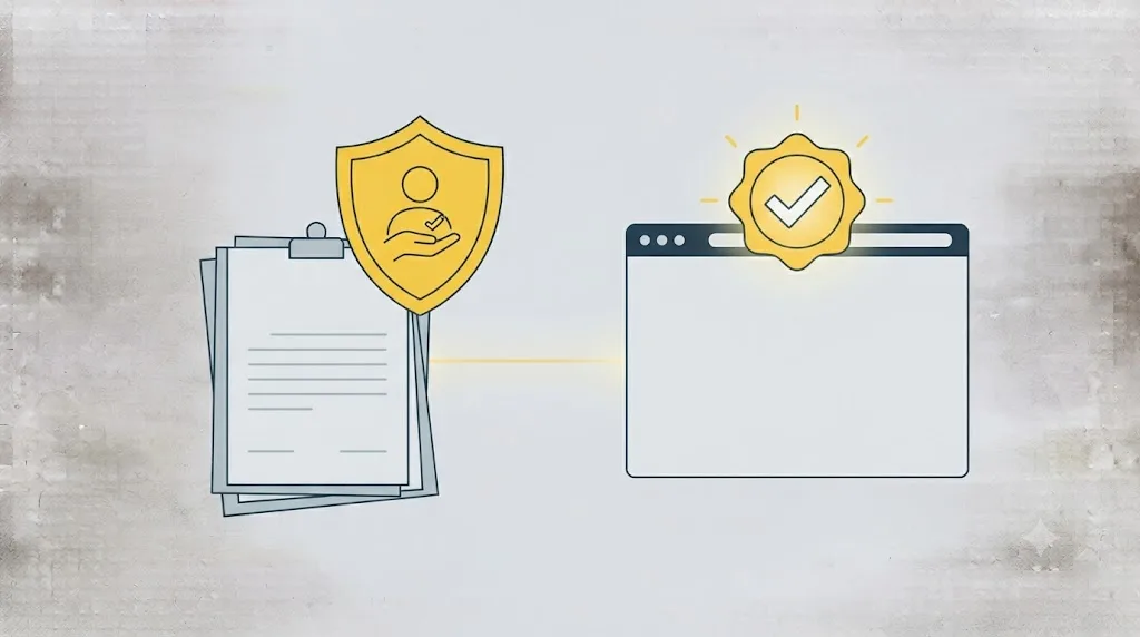 Ilustrație cu un document legal lângă un site web al unei afaceri din Cluj-Napoca