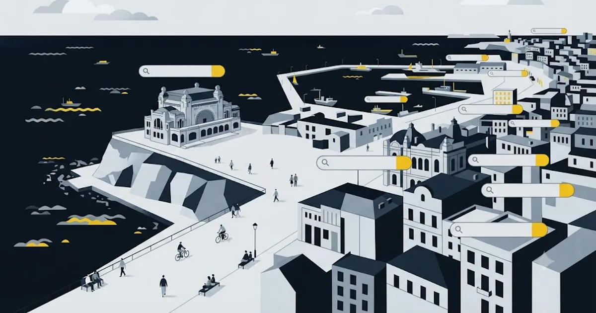 Ilustrație cu faleza Constanței și un ecran de laptop care afișează rezultate de căutare Google