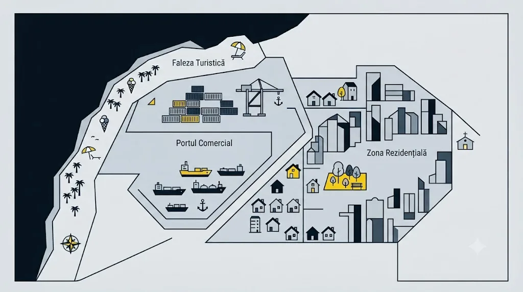 Ilustrație cu o hartă a Constanței care arată zona turistică de litoral, portul și zona rezidențială