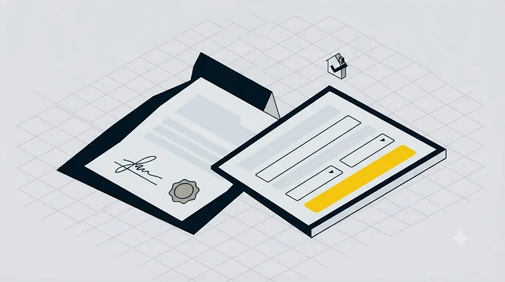 Ilustrație cu un document legal și un formular de rezervare online pentru o afacere din Constanța